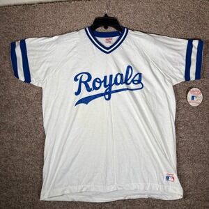 Vintage Rawlings Kansas City Royals MLB V-Neck Jersey T-Shirt White Blue XL USA